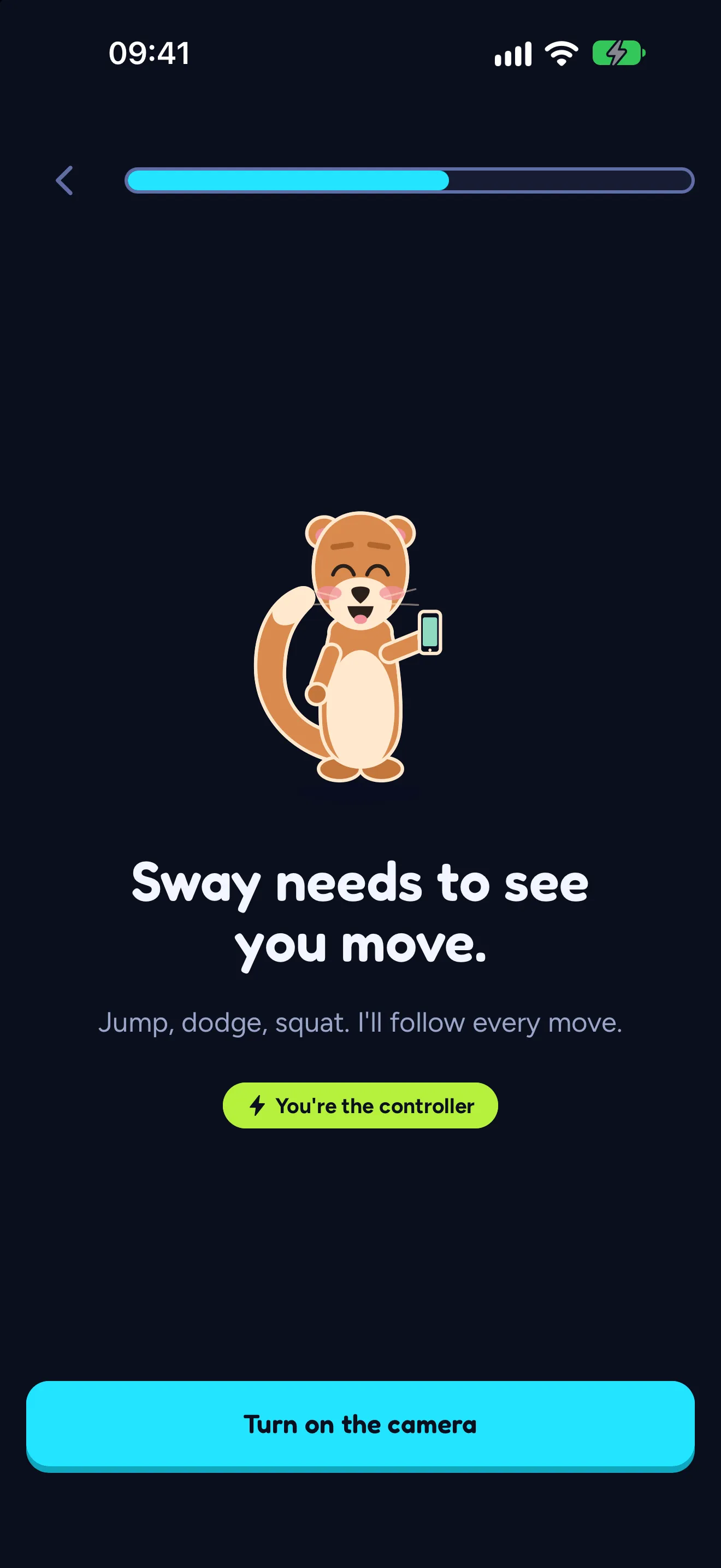 SWADE's setup screen: Sway the weasel holds a phone above the words "Sway needs to see you move" and a "Turn on the camera" button.