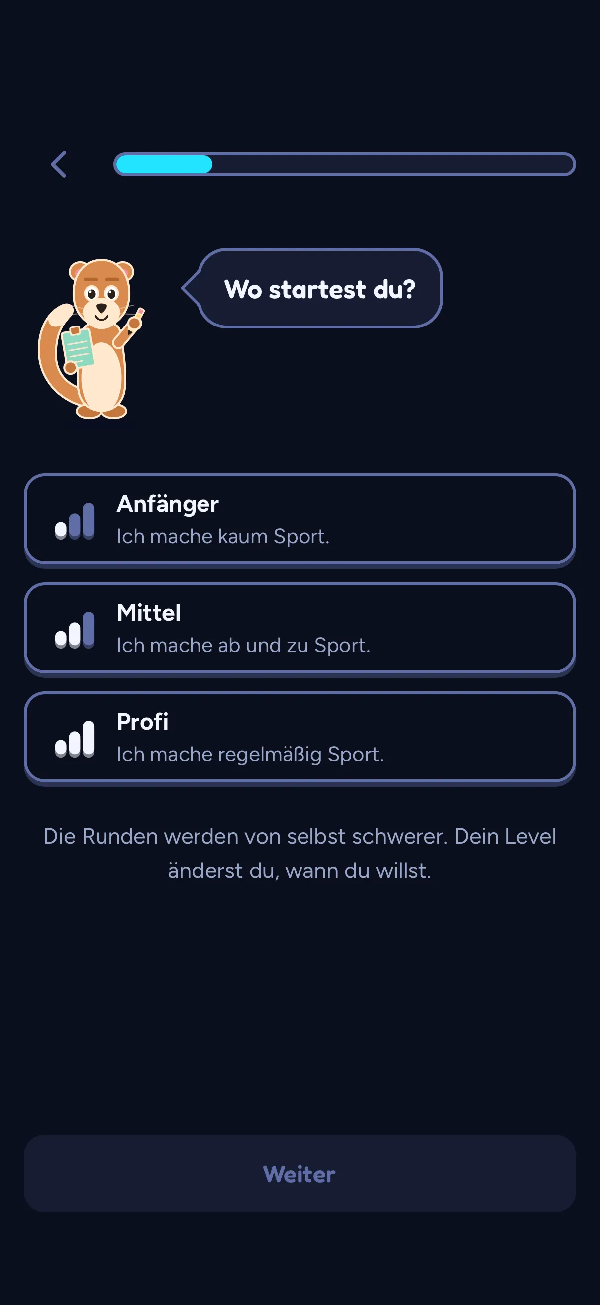 Einrichtung von SWADE: Sway fragt „Wo startest du?“ über drei Antworten, keine ist gewählt: Anfänger, „Ich mache kaum Sport.“; Mittel, „Ich mache ab und zu Sport.“; Profi, „Ich mache regelmäßig Sport.“ Unter den Antworten: „Die Runden werden von selbst schwerer. Dein Level änderst du, wann du willst.“ Unten ein Button „Weiter“.