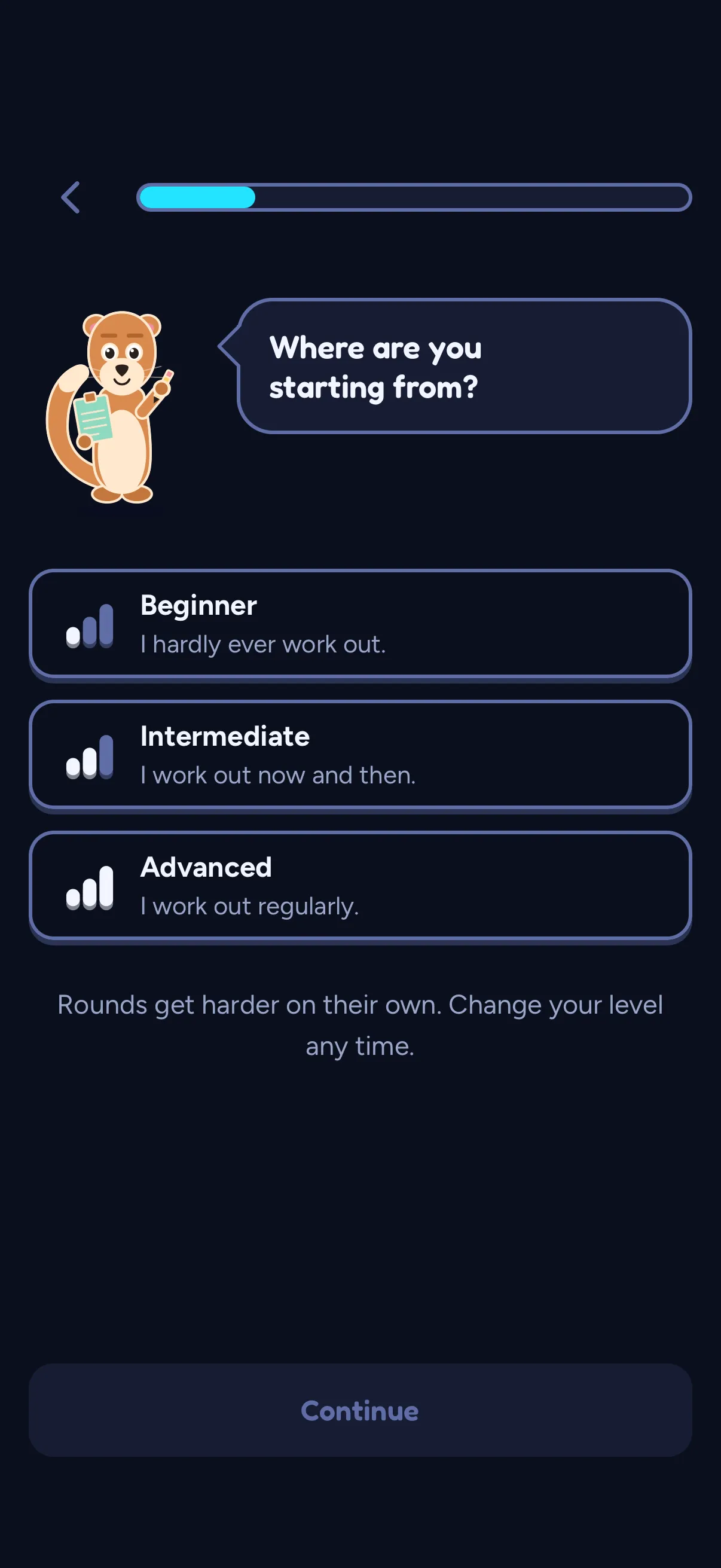 SWADE setup: Sway asks “Where are you starting from?” above three choices, none selected: Beginner, “I hardly ever work out.”; Intermediate, “I work out now and then.”; Advanced, “I work out regularly.” Under the choices: “Rounds get harder on their own. Change your level any time.” At the bottom, a “Continue” button.