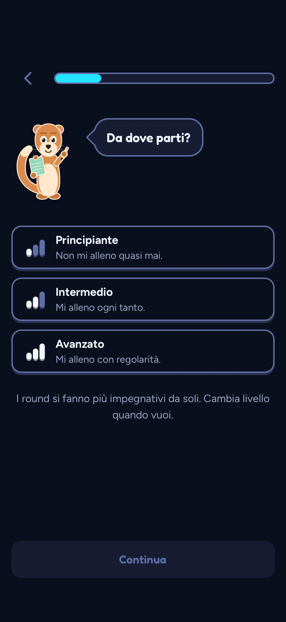 Configurazione di SWADE: Sway chiede “Da dove parti?” sopra tre scelte, nessuna selezionata: Principiante, “Non mi alleno quasi mai.”; Intermedio, “Mi alleno ogni tanto.”; Avanzato, “Mi alleno con regolarità.” Sotto le scelte: “I round si fanno più impegnativi da soli. Cambia livello quando vuoi.” In basso, il pulsante “Continua”.