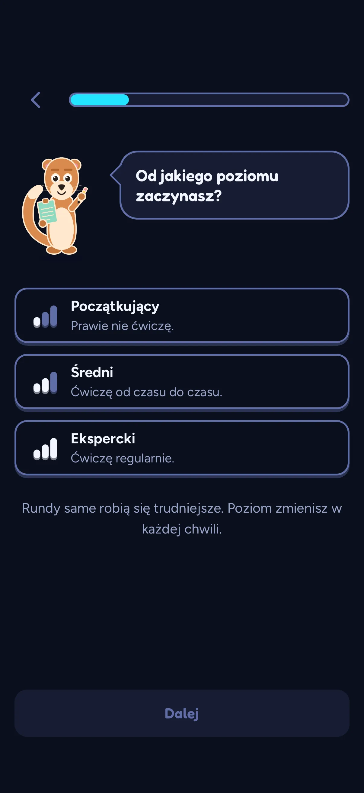 Pierwsze ustawienia w SWADE: Sway pyta „Od jakiego poziomu zaczynasz?” nad trzema odpowiedziami, żadna nie jest wybrana: Początkujący, „Prawie nie ćwiczę.”; Średni, „Ćwiczę od czasu do czasu.”; Ekspercki, „Ćwiczę regularnie.” Pod odpowiedziami: „Rundy same robią się trudniejsze. Poziom zmienisz w każdej chwili.” Na dole przycisk „Dalej”.