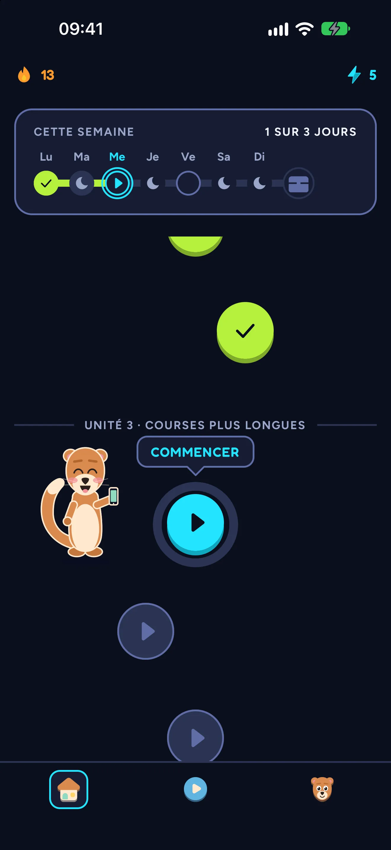 Le Parcours de SWADE : « Cette semaine, 1 sur 3 jours », les jours de repos marqués d’une lune, un nœud validé, et Sway à côté du bouton « Commencer ».