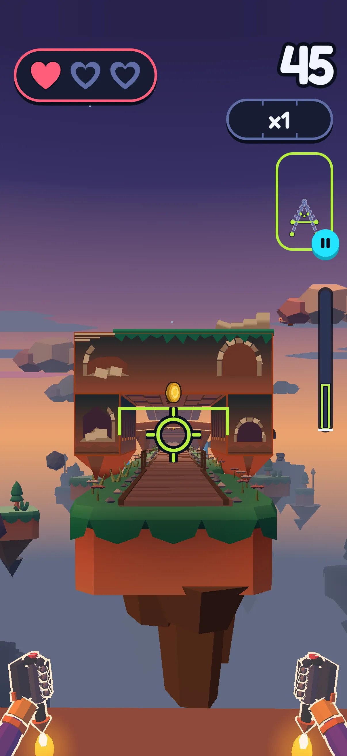 SWADE Push Flight, seen through Sway's eyes: gloved hands at the bottom, a green reticle inside a ruined stone gate on a floating island at dusk, a coin above it, hearts and a score at the top, and the camera's stick figure in a small frame on the right.