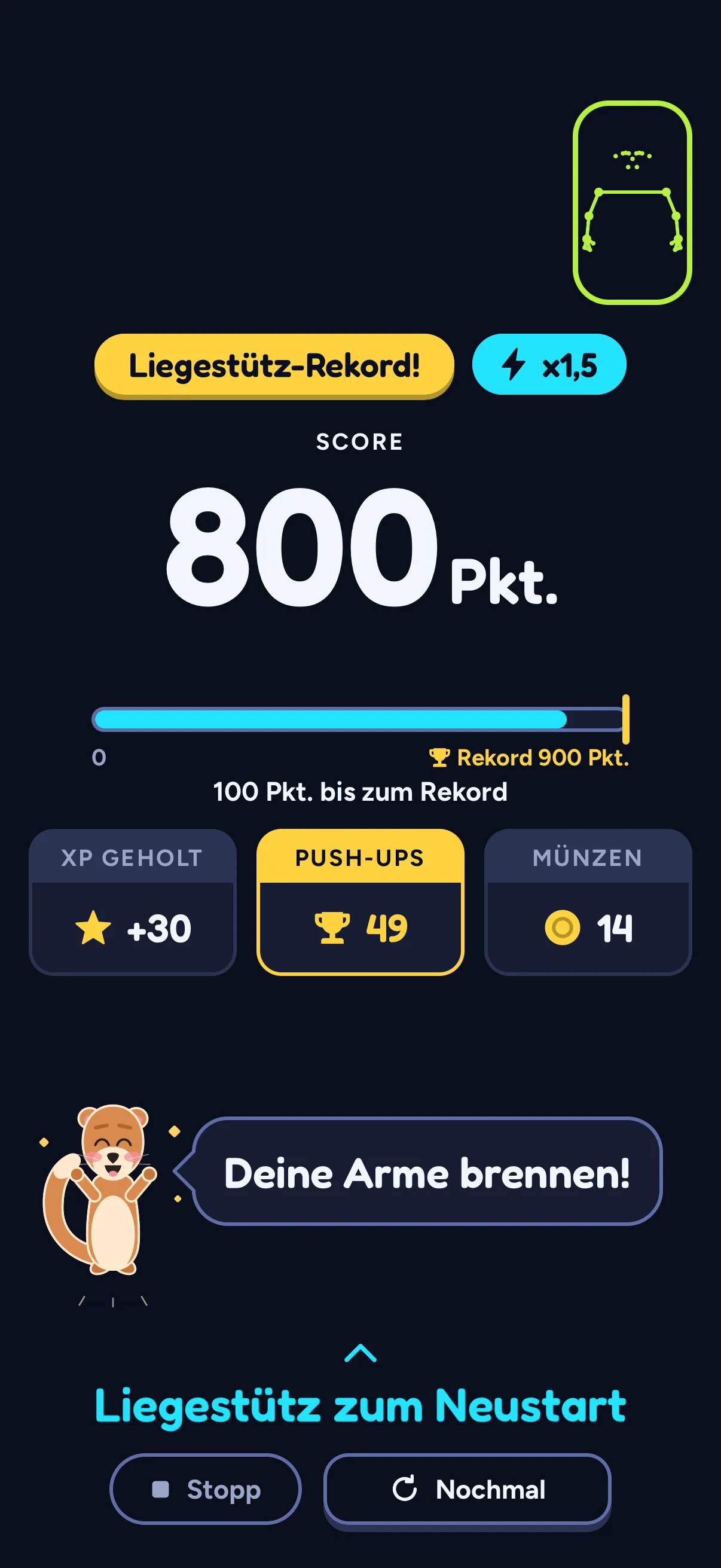 SWADE Push Flight, Karte am Ende der Runde: das Abzeichen „Liegestütz-Rekord!“ und x1,5, der Score 800 Pkt. mit einem Balken zu „Rekord 900 Pkt.“ und „100 Pkt. bis zum Rekord“, dann XP geholt +30, Push-ups 49 und Münzen 14; Sway sagt „Deine Arme brennen!“.