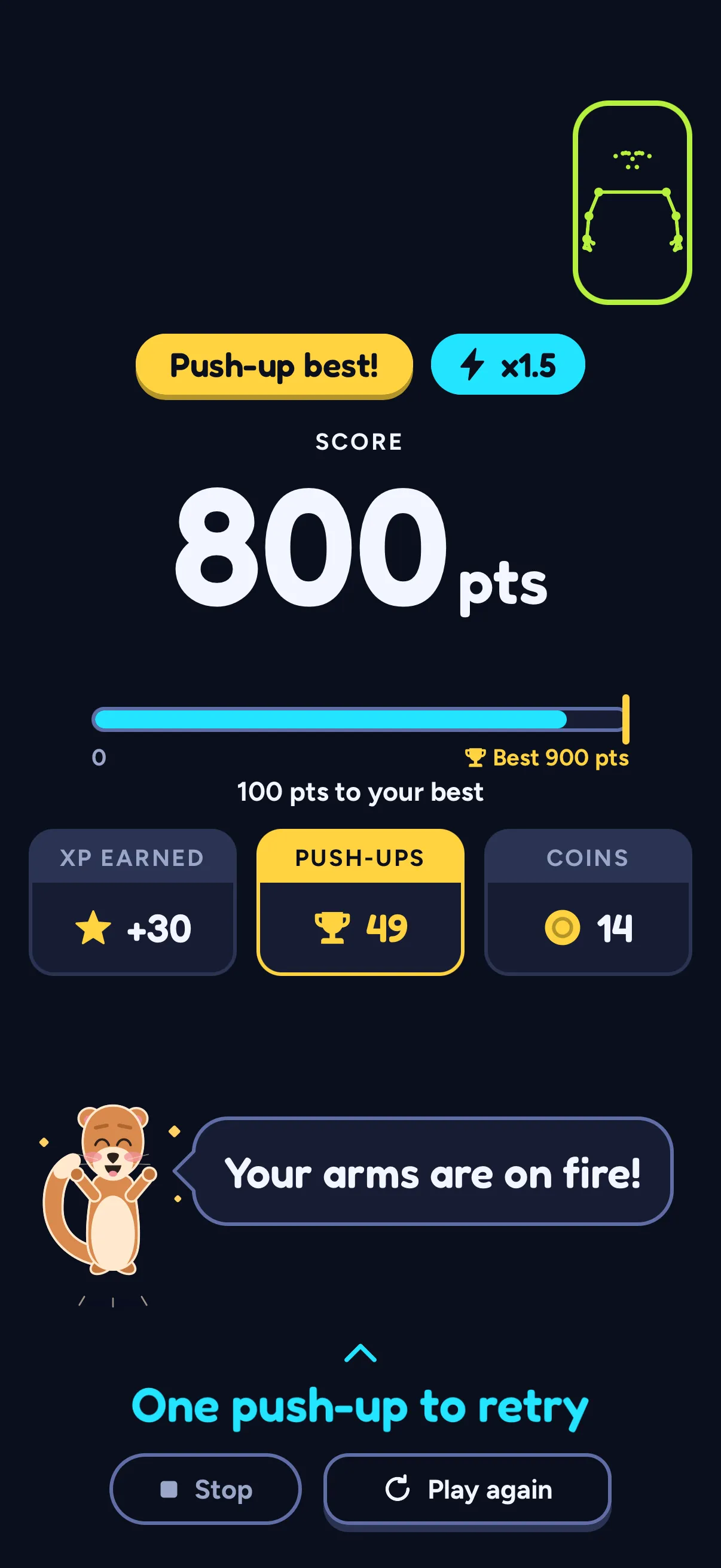 SWADE Push Flight end card: the badge "Push-up best!" and x1.5, a score of 800 pts with a bar to "Best 900 pts" and "100 pts to your best", then XP earned +30, Push-ups 49 and Coins 14; Sway says "Your arms are on fire!".