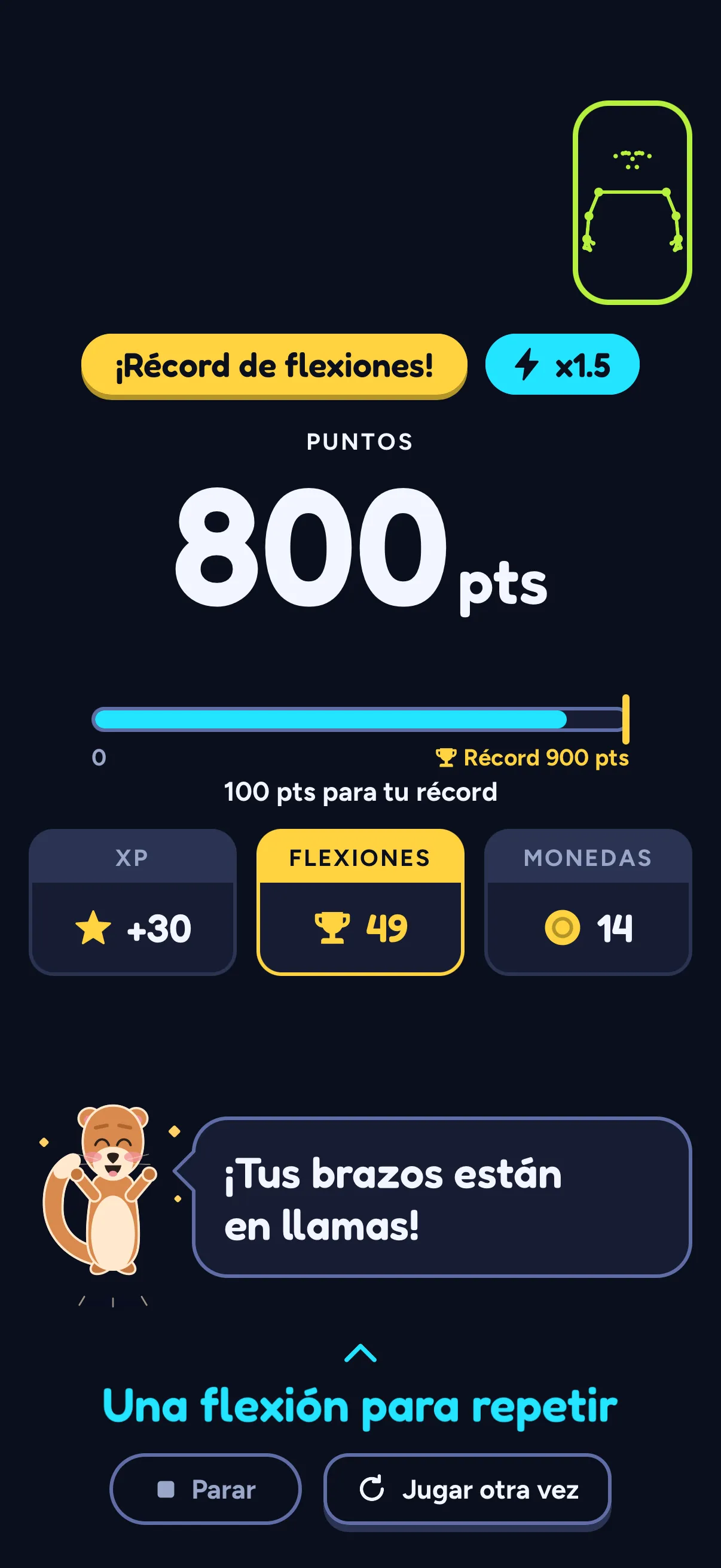 Tarjeta de fin de Push Flight en SWADE: la insignia «¡Récord de flexiones!» y x1.5, la puntuación 800 pts con una barra hacia «Récord 900 pts» y «100 pts para tu récord», luego XP +30, Flexiones 49 y Monedas 14; Sway dice «¡Tus brazos están en llamas!».