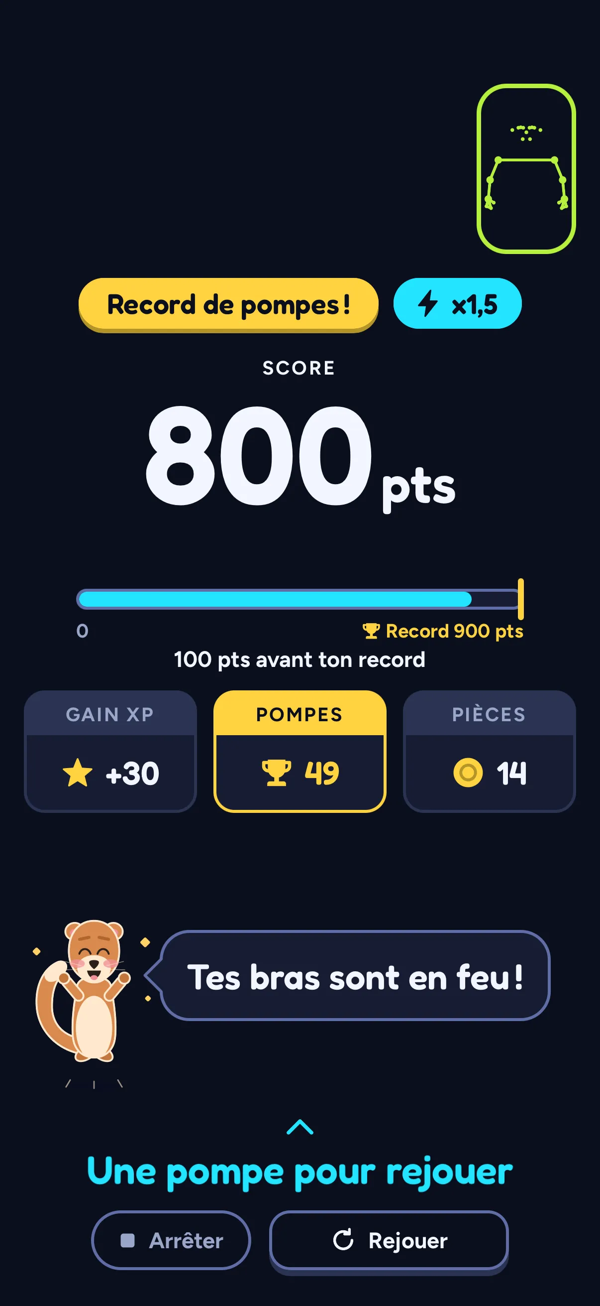 Carte de fin de Push Flight dans SWADE : le badge « Record de pompes ! » et x1,5, le score 800 pts avec une barre vers « Record 900 pts » et « 100 pts avant ton record », puis Gain XP +30, Pompes 49 et Pièces 14 ; Sway dit « Tes bras sont en feu ! ».