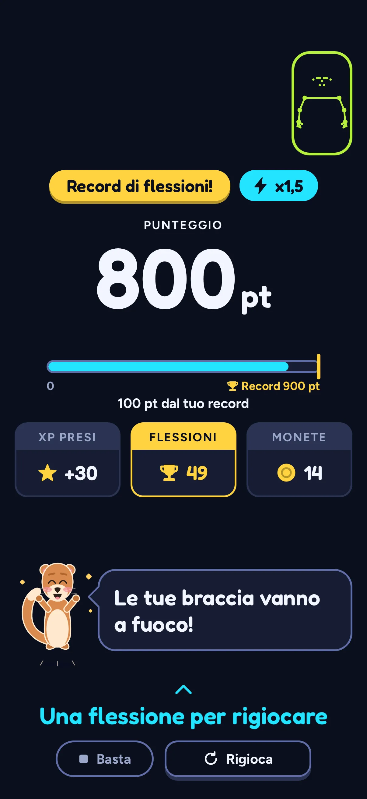 Schermata di fine partita di Push Flight in SWADE: il badge “Record di flessioni!” e x1,5, il punteggio 800 pt con una barra verso “Record 900 pt” e “100 pt dal tuo record”, poi XP presi +30, Flessioni 49 e Monete 14; Sway dice “Le tue braccia vanno a fuoco!”.