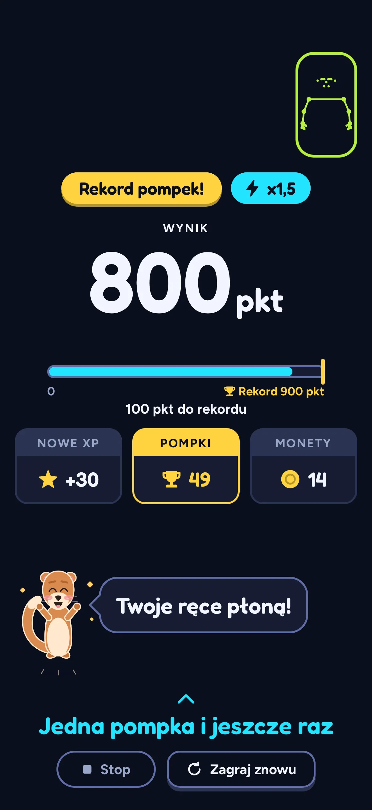 Karta końca gry Push Flight w SWADE: plakietka „Rekord pompek!” i x1,5, wynik 800 pkt z paskiem do „Rekord 900 pkt” i „100 pkt do rekordu”, potem Nowe XP +30, Pompki 49 i Monety 14; Sway mówi „Twoje ręce płoną!”.