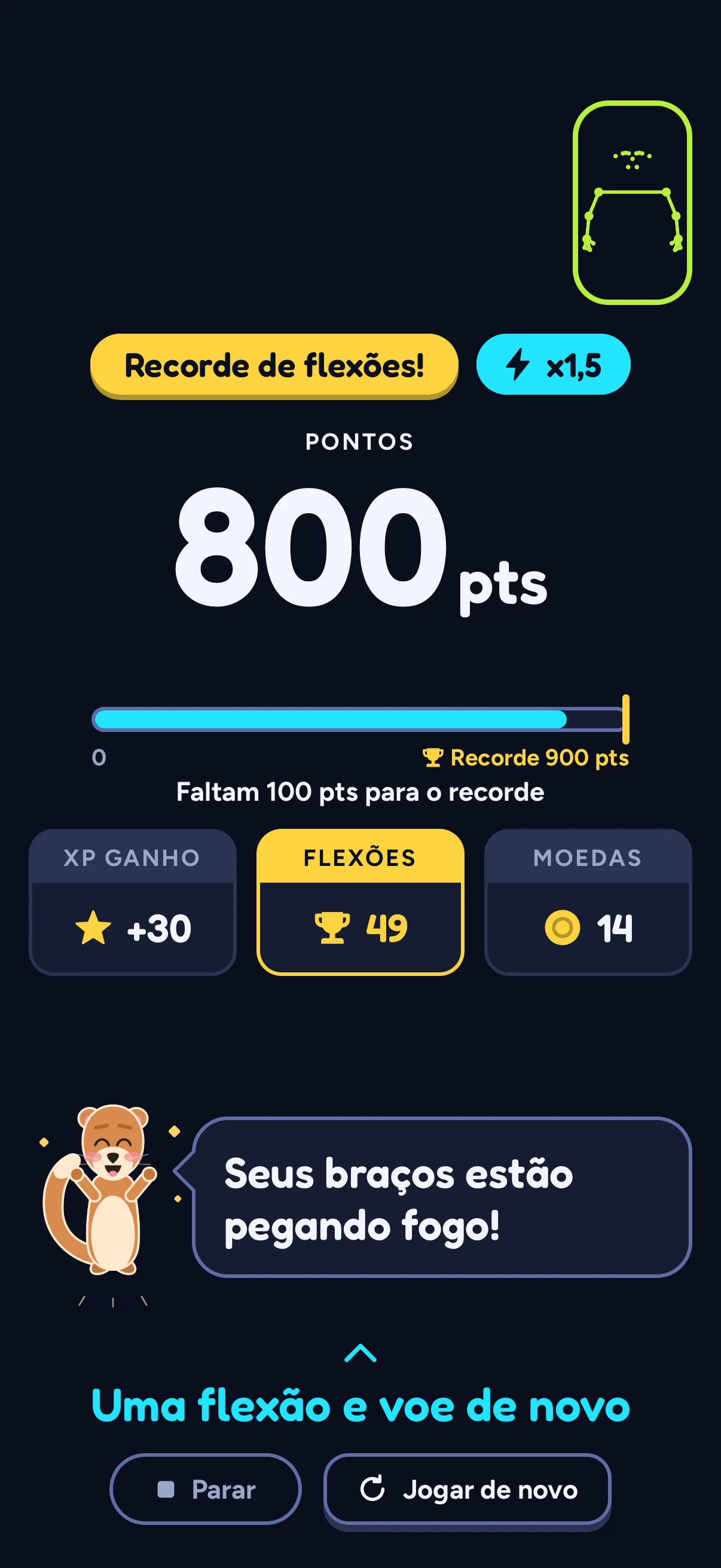 Cartão de fim do Push Flight do SWADE: o selo “Recorde de flexões!” e x1,5, a pontuação 800 pts com uma barra até “Recorde 900 pts” e “Faltam 100 pts para o recorde”, depois XP ganho +30, Flexões 49 e Moedas 14; a Sway diz “Seus braços estão pegando fogo!”.