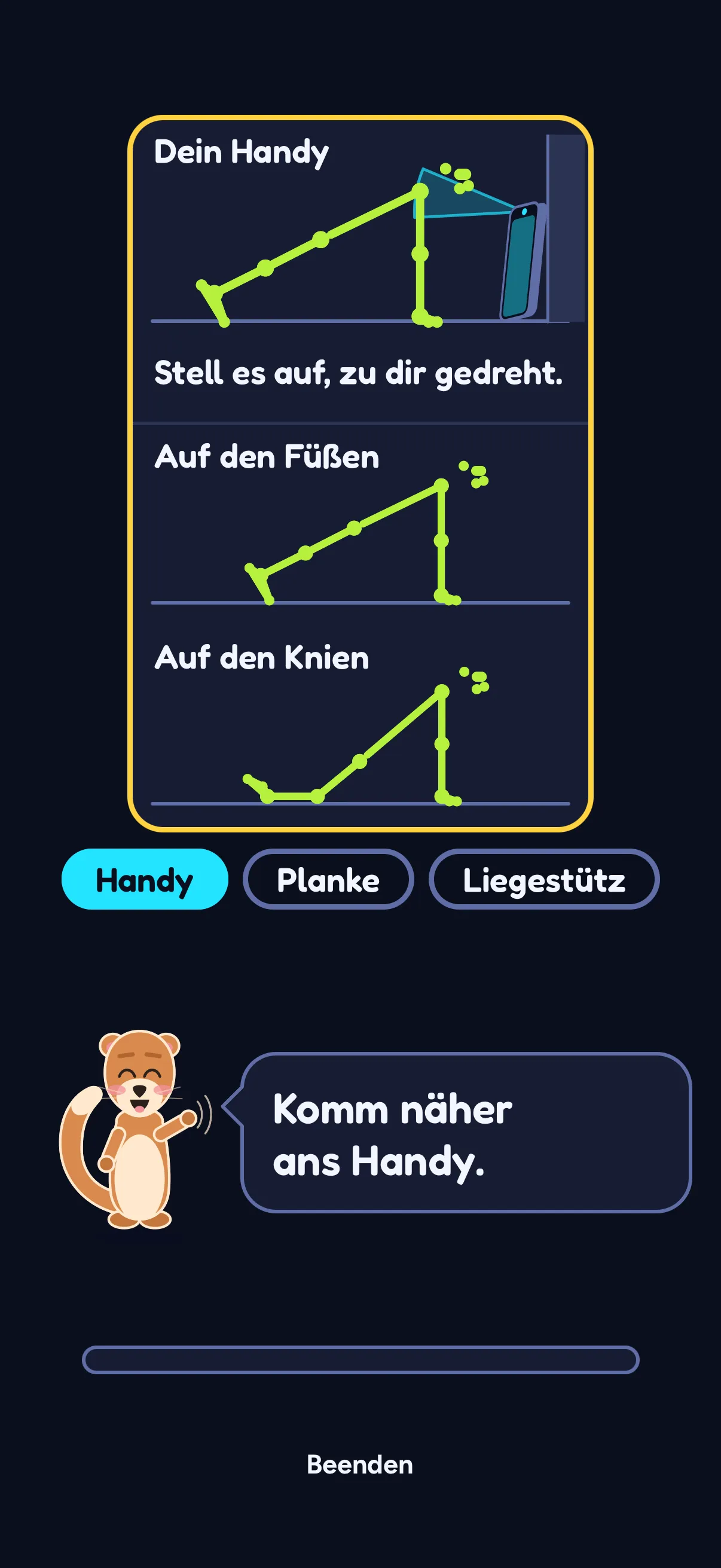 Vorbereitung von Push Flight in SWADE: unter der Überschrift Dein Handy eine Strichfigur in der Planke vor einem Handy, das aufrecht an einer Wand steht, dazu „Stell es auf, zu dir gedreht.“; darunter zwei Silhouetten, Auf den Füßen und Auf den Knien; dann die Teile Handy, Planke und Liegestütz, der erste hervorgehoben, und Sway sagt: „Komm näher ans Handy.“