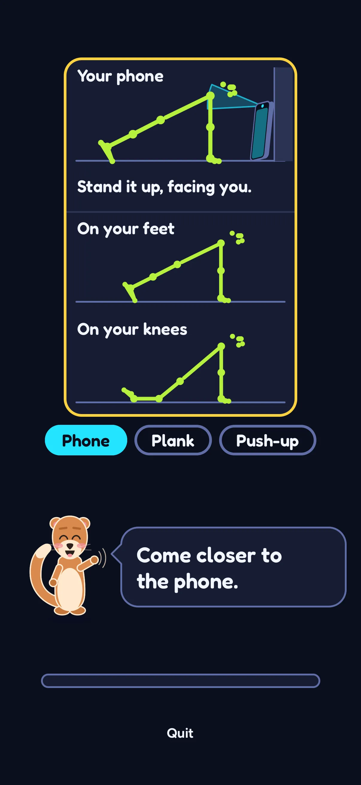 SWADE Push Flight setup: under the heading Your phone, a stick figure in a plank faces a phone standing against a wall, with "Stand it up, facing you."; below, two silhouettes, On your feet and On your knees; then the steps Phone, Plank and Push-up, the first one lit up, and Sway saying "Come closer to the phone."