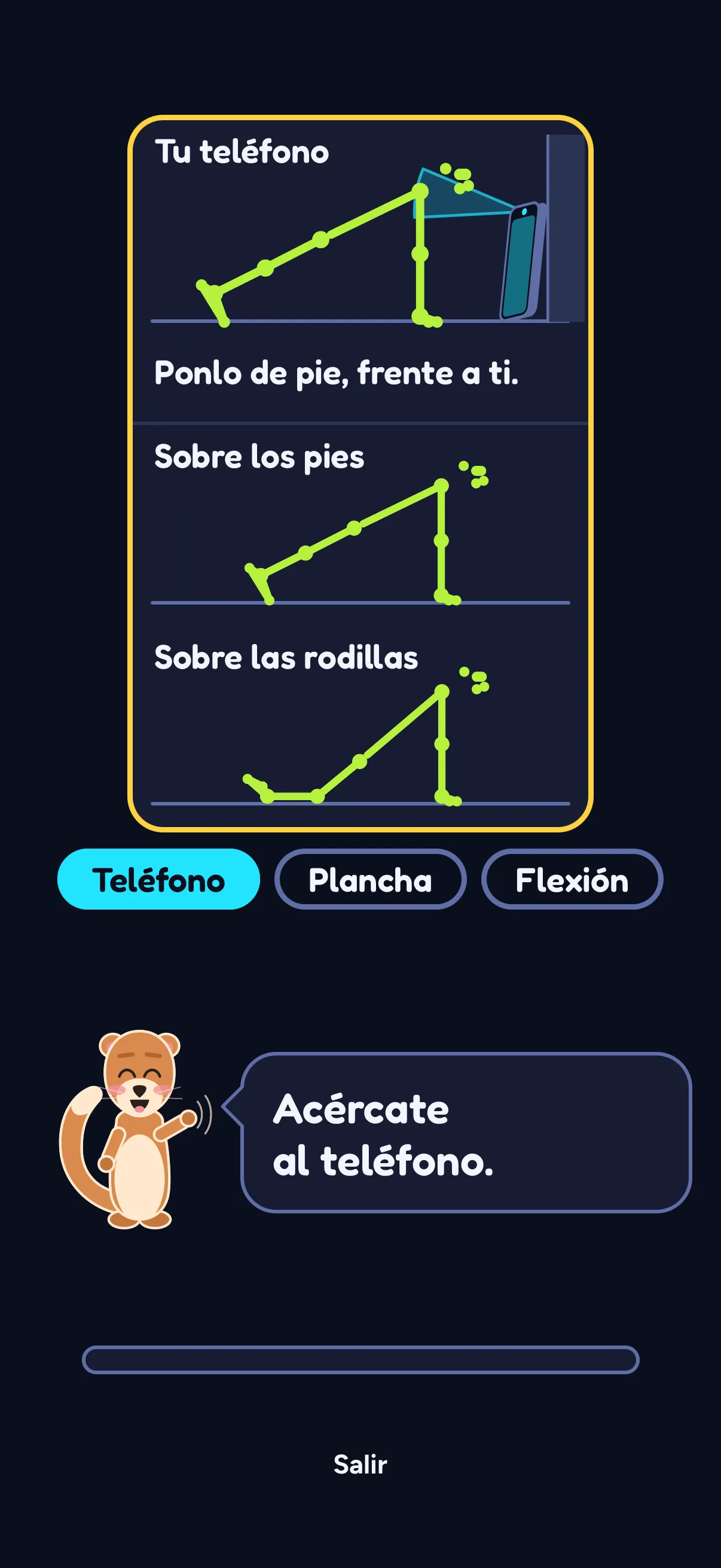 Preparación de Push Flight en SWADE: bajo el título Tu teléfono, una figura de palitos en plancha frente a un teléfono de pie contra una pared, con «Ponlo de pie, frente a ti.»; debajo, dos siluetas, Sobre los pies y Sobre las rodillas; luego las partes Teléfono, Plancha y Flexión, la primera resaltada, y Sway, que dice «Acércate al teléfono.»