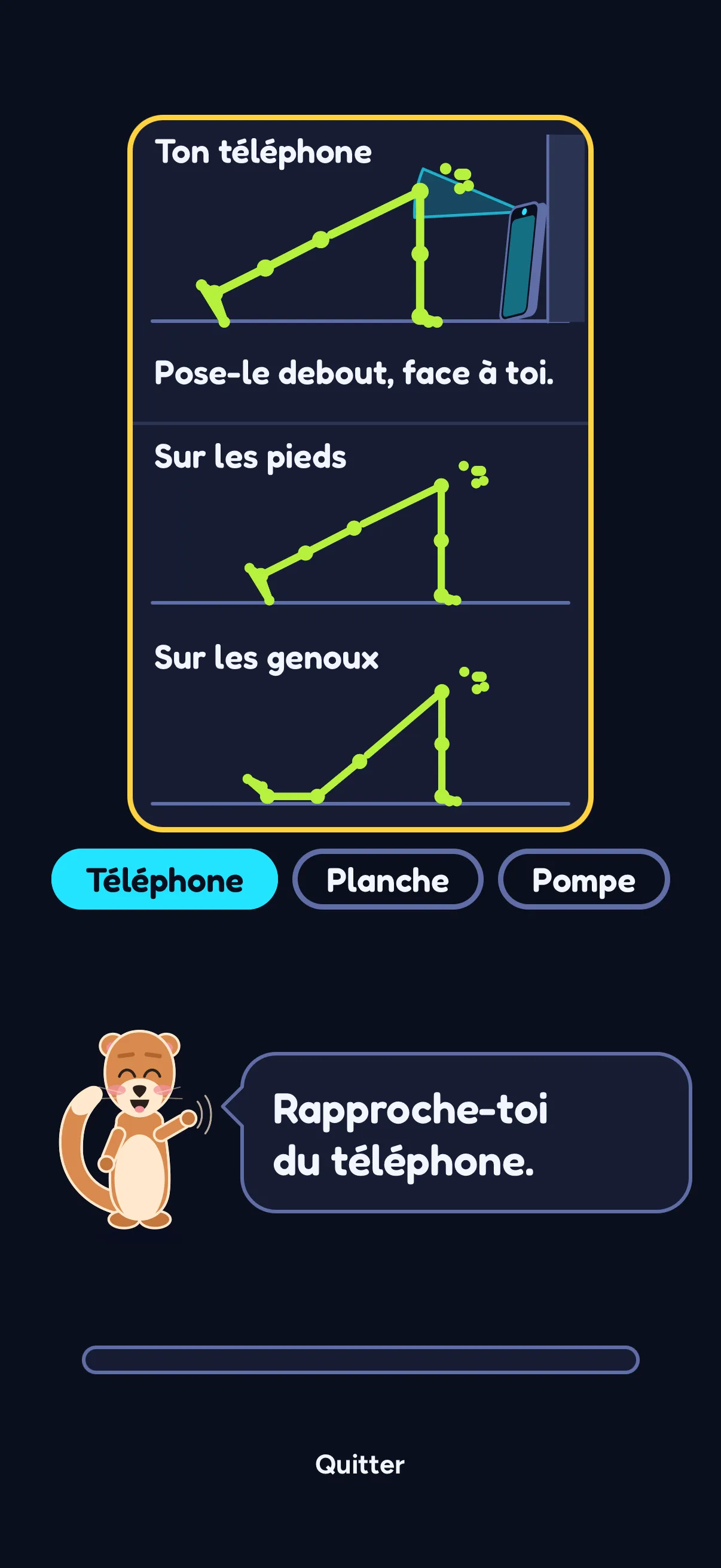 Mise en place de Push Flight dans SWADE : sous le titre Ton téléphone, un bonhomme filaire en planche face à un téléphone posé debout contre un mur, et la consigne « Pose-le debout, face à toi. » ; en dessous, deux silhouettes, Sur les pieds et Sur les genoux ; puis les trois temps Téléphone, Planche et Pompe, le premier allumé, et Sway qui dit « Rapproche-toi du téléphone. »