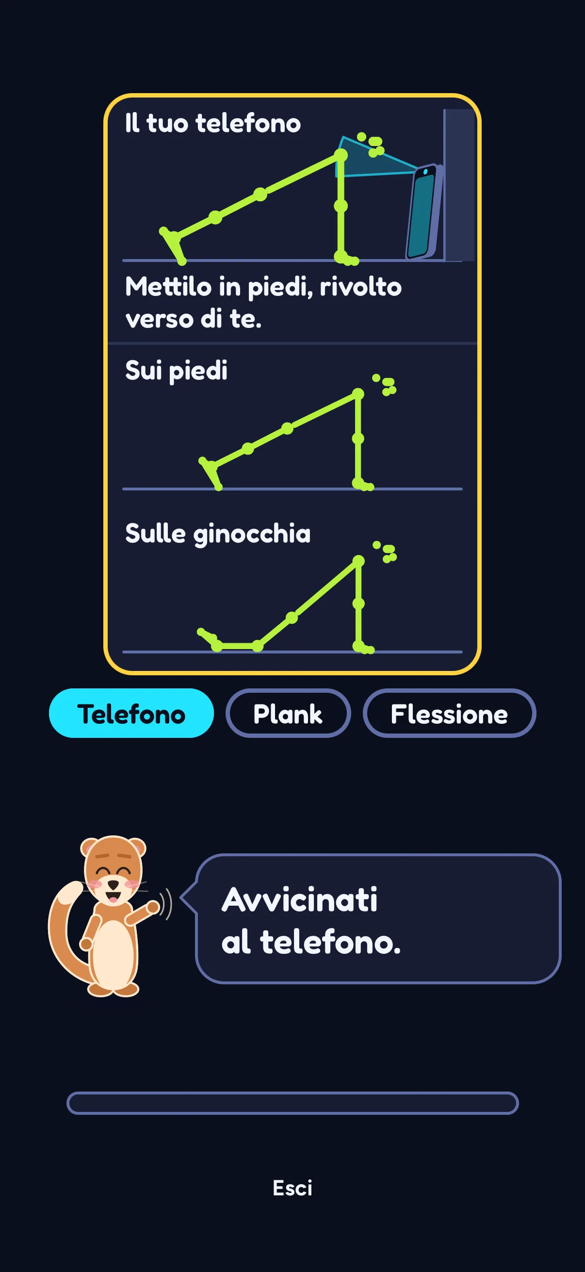 La preparazione di Push Flight in SWADE: sotto il titolo Il tuo telefono, un omino stilizzato in plank davanti a un telefono in piedi contro un muro, con “Mettilo in piedi, rivolto verso di te.”; più in basso, due sagome, Sui piedi e Sulle ginocchia; poi le parti Telefono, Plank e Flessione, la prima evidenziata, e Sway che dice “Avvicinati al telefono.”