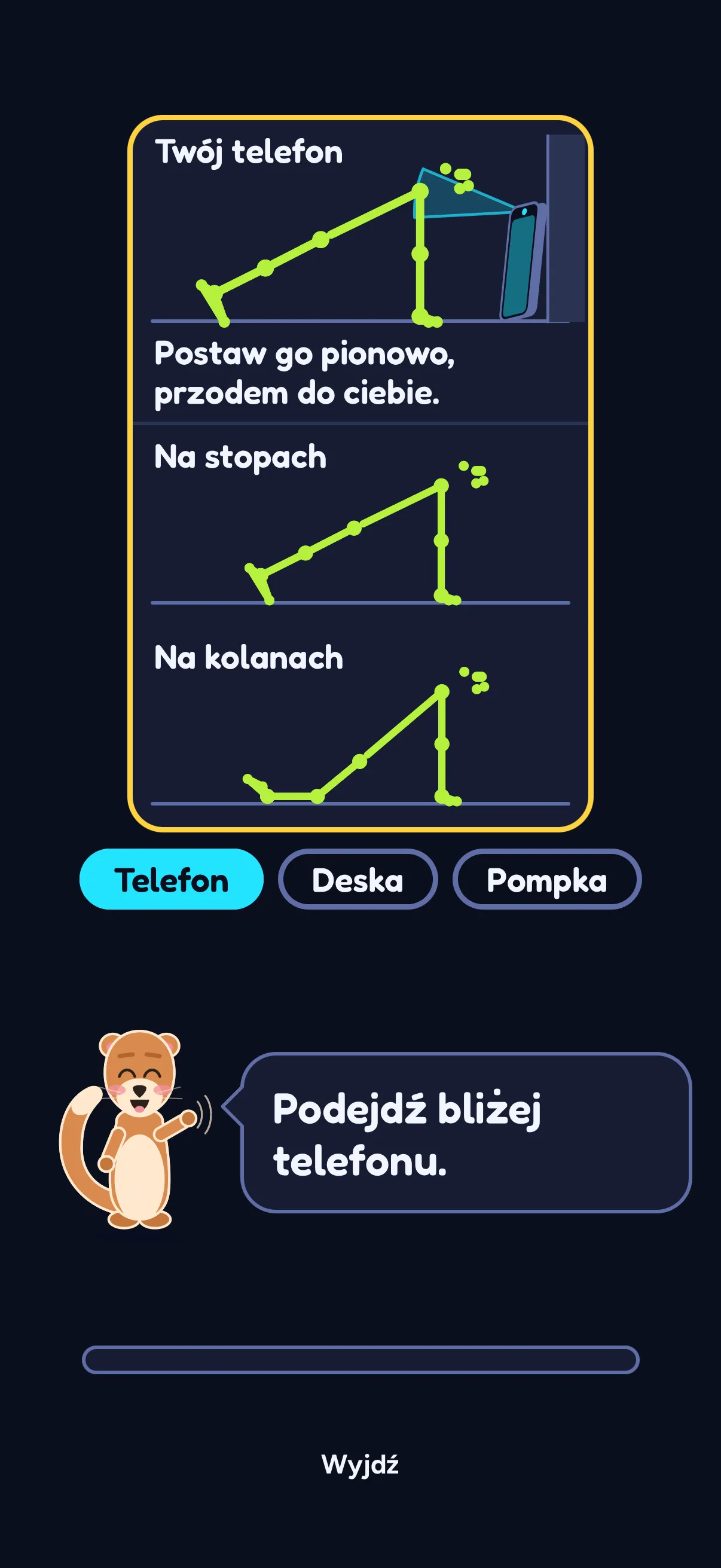 Ustawienie gry Push Flight w SWADE: pod nagłówkiem „Twój telefon”: ludzik z patyczków w pozycji deski przed telefonem stojącym pionowo przy ścianie i polecenie „Postaw go pionowo, przodem do ciebie.”; niżej dwie sylwetki, Na stopach i Na kolanach; potem części Telefon, Deska i Pompka, pierwsza podświetlona; Sway mówi „Podejdź bliżej telefonu.”