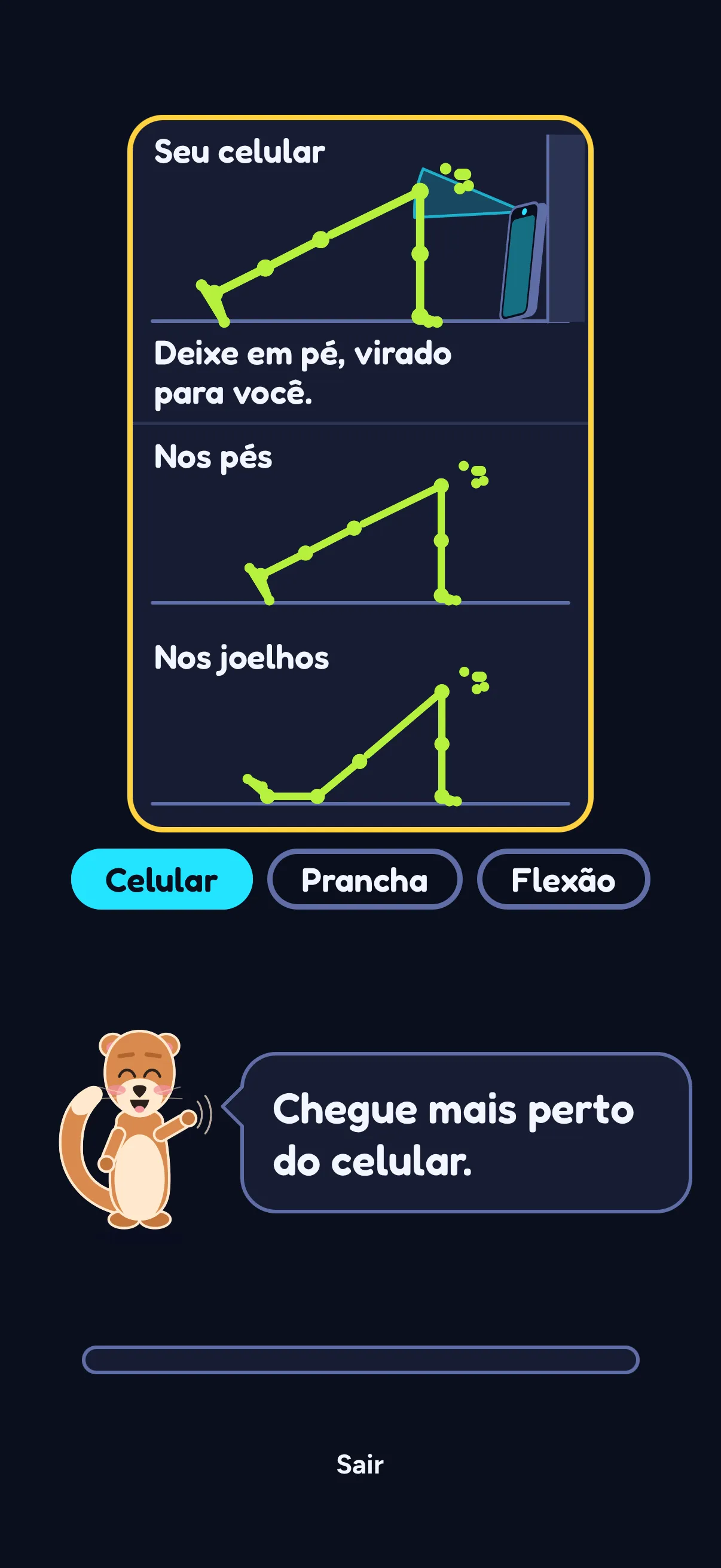 Preparação do Push Flight no SWADE: sob o título Seu celular, um boneco de palito em prancha diante de um celular em pé contra uma parede, com “Deixe em pé, virado para você.”; abaixo, duas silhuetas, Nos pés e Nos joelhos; depois as partes Celular, Prancha e Flexão, a primeira destacada, e a Sway dizendo “Chegue mais perto do celular.”