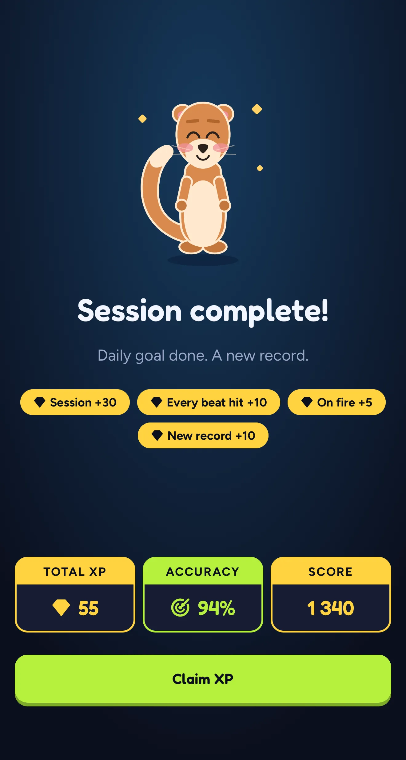 Pantalla de resultado de SWADE: «¡Sesión completada!», Sway sonriendo, cuatro bonus de XP, 55 XP en total y 94 % de precisión.