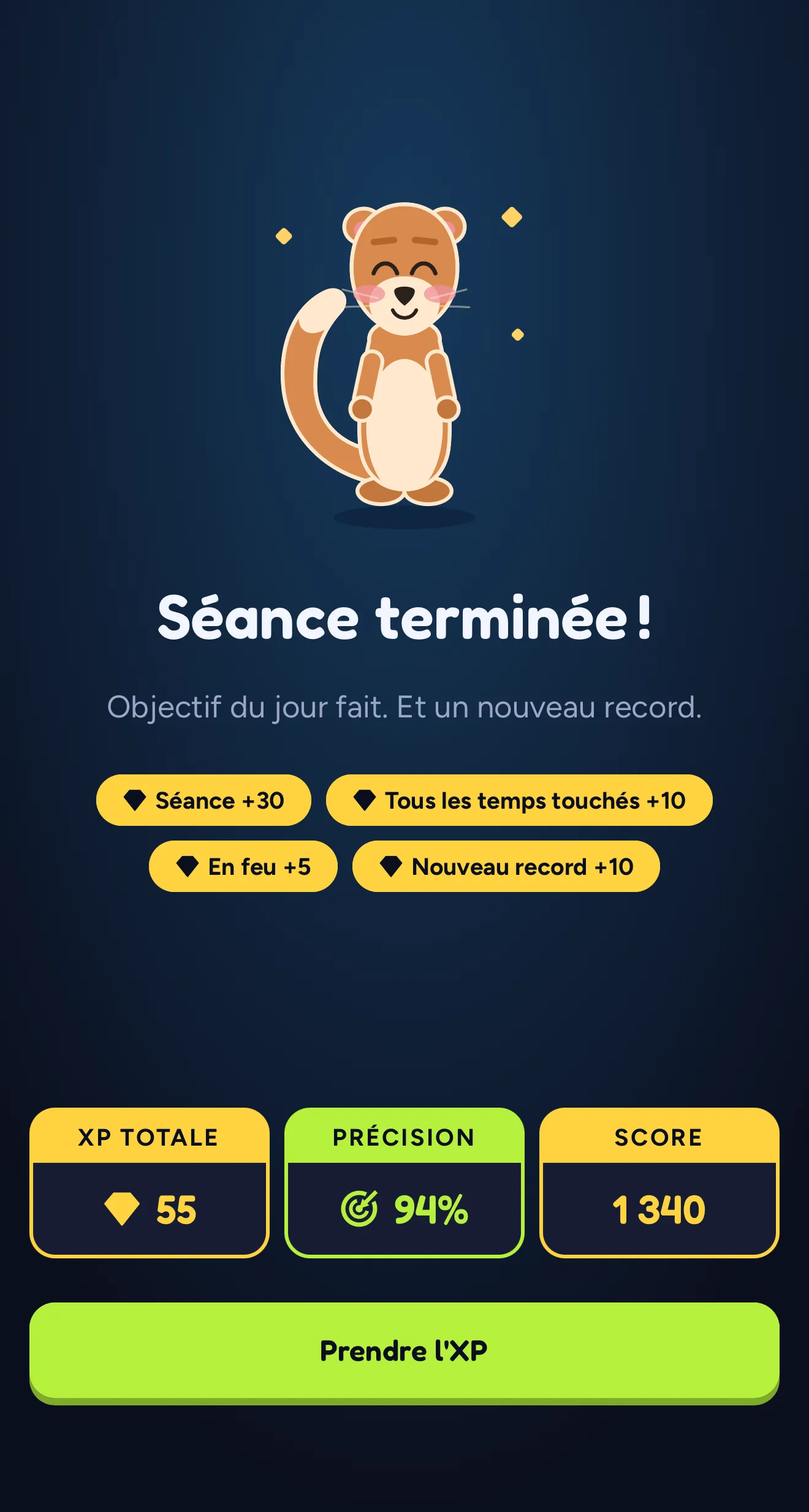 Écran de fin de SWADE : « Séance terminée ! », Sway qui sourit, quatre bonus d’XP (Séance +30, Tous les temps touchés +10, En feu +5, Nouveau record +10), 55 XP au total, 94 % de précision, et le bouton « Prendre l’XP ».
