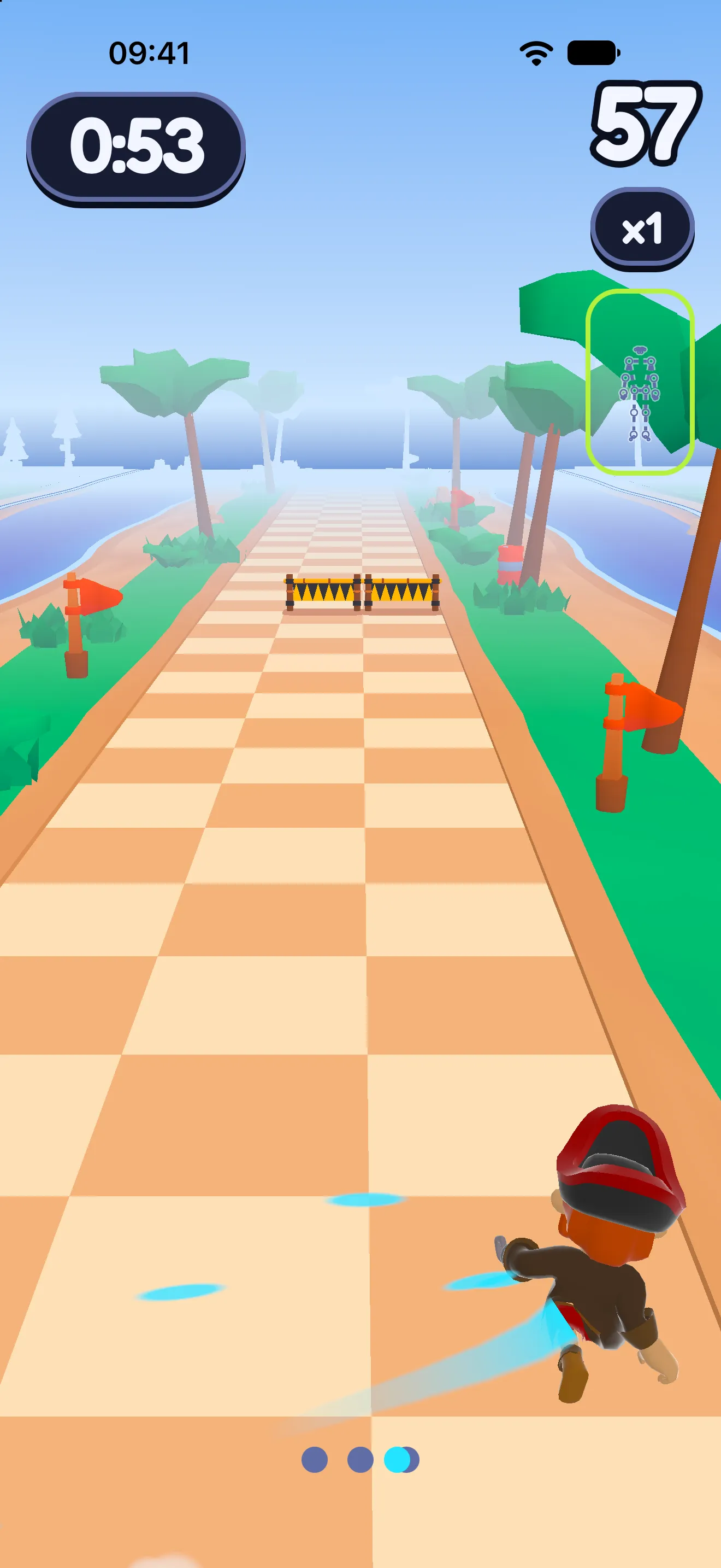 The SWADE Runner: the pirate dashes into the right lane, a barrier ahead in the middle lane, 53 seconds left.