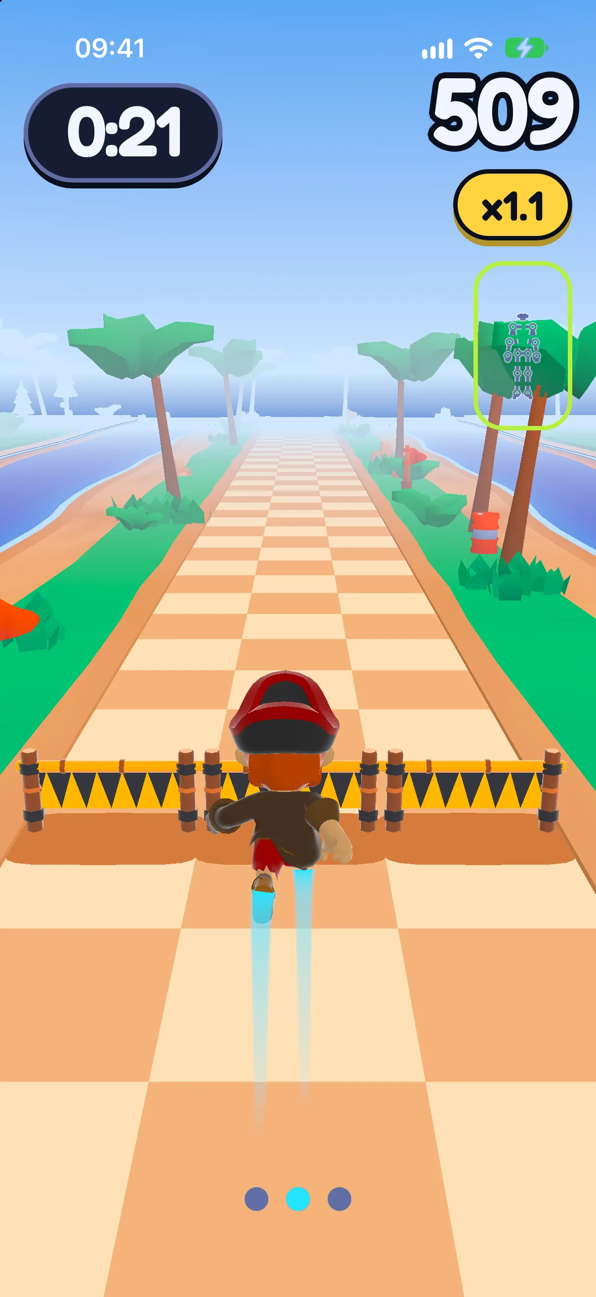A Runner run up close: Barbarossa the pirate leaps a spiked barrier on a track lined with palms.