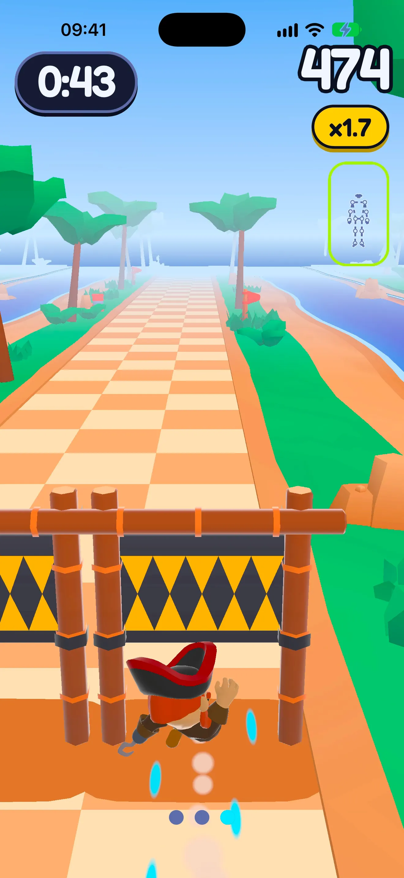The SWADE Runner: the pirate squats under a black-and-yellow gate on wooden posts, 43 seconds left.