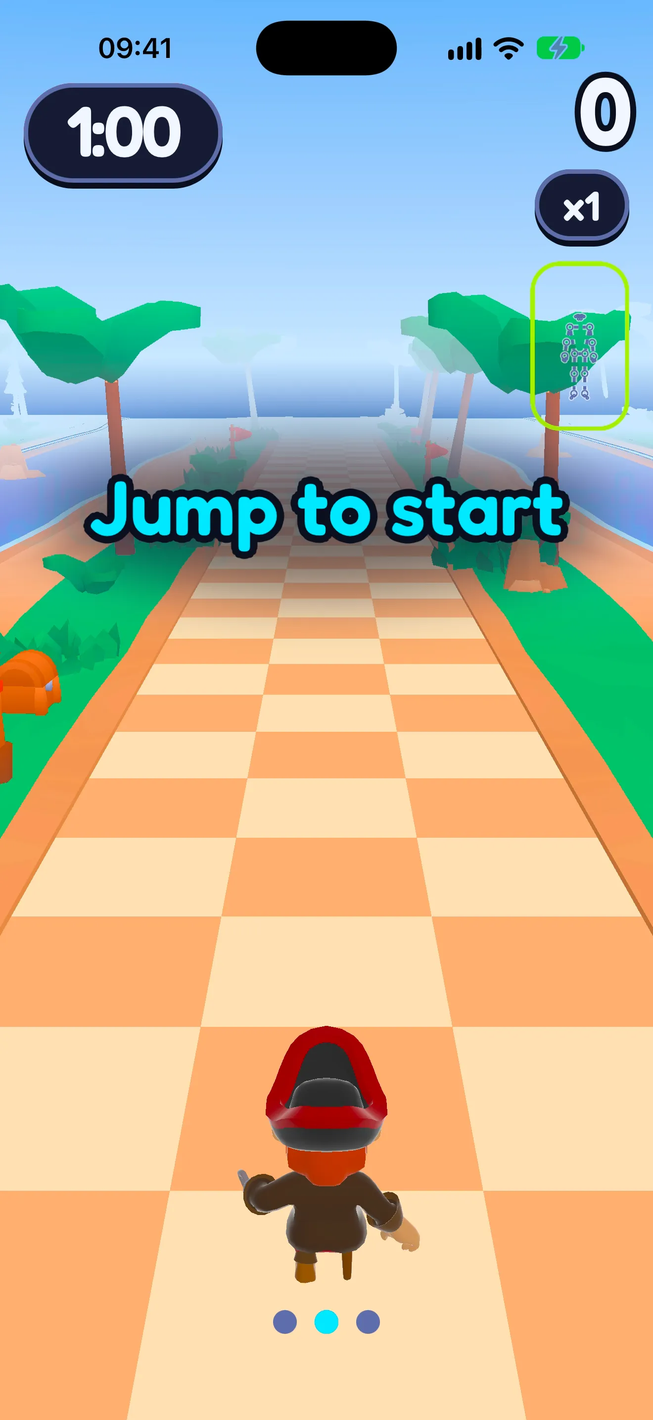 SWADE Runner start screen with the words "Jump to start" over an empty track and a 1:00 timer.