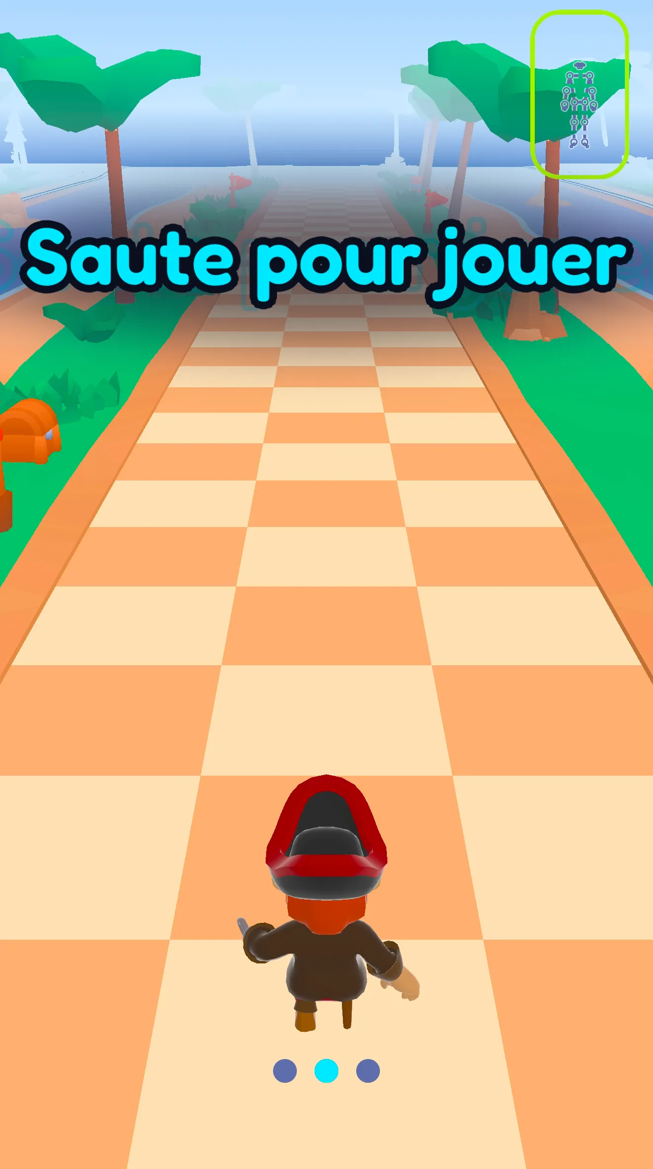 La Course de SWADE avant le départ : « Saute pour jouer » au-dessus d’une piste en damier à trois couloirs, le coureur pirate qui attend, et la petite silhouette du joueur suivi dans le coin.
