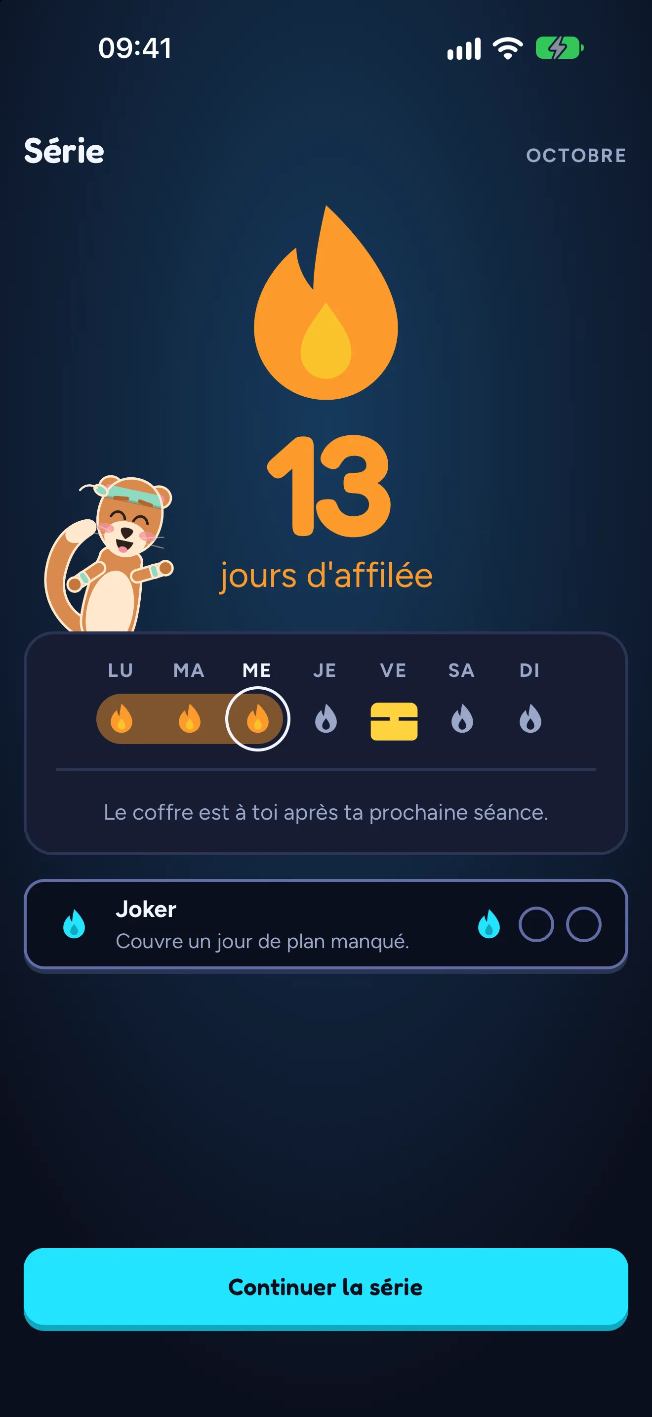 L’écran Série de SWADE : une flamme, « 13 jours d’affilée », la semaine du lundi au dimanche et un Joker qui couvre un jour de plan manqué.